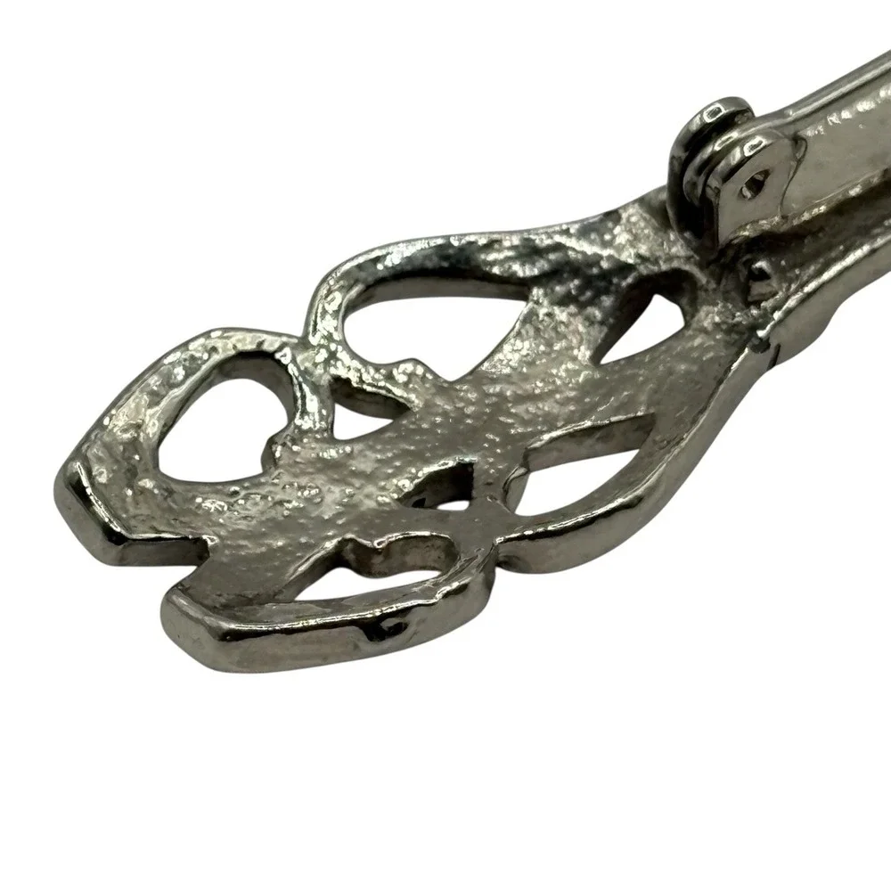 Vintage Art Nouveau Revival Bar Brooch‎ Ornate Silver Tone Textured Open Work